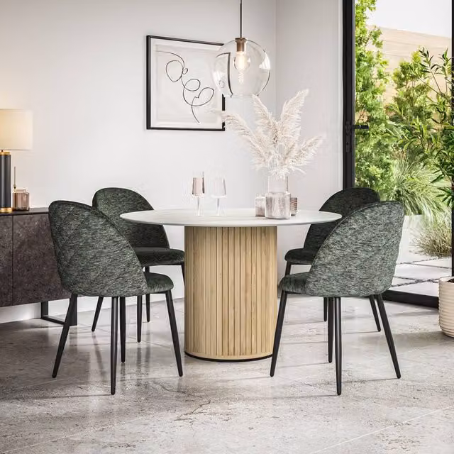 More4Homes Arlo White Marble Round Dining Table with Oak Legs and 6 Green Raye Velvet Dining Chairs, W/D/H: 120 x 120 x 75 cm