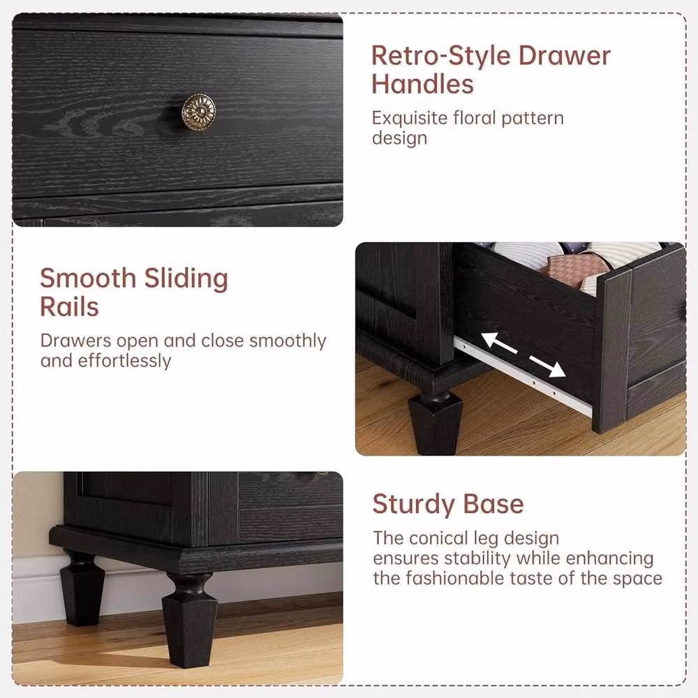 VOGREX 4 Drawer Wood and Metal Dresser in Black – 3