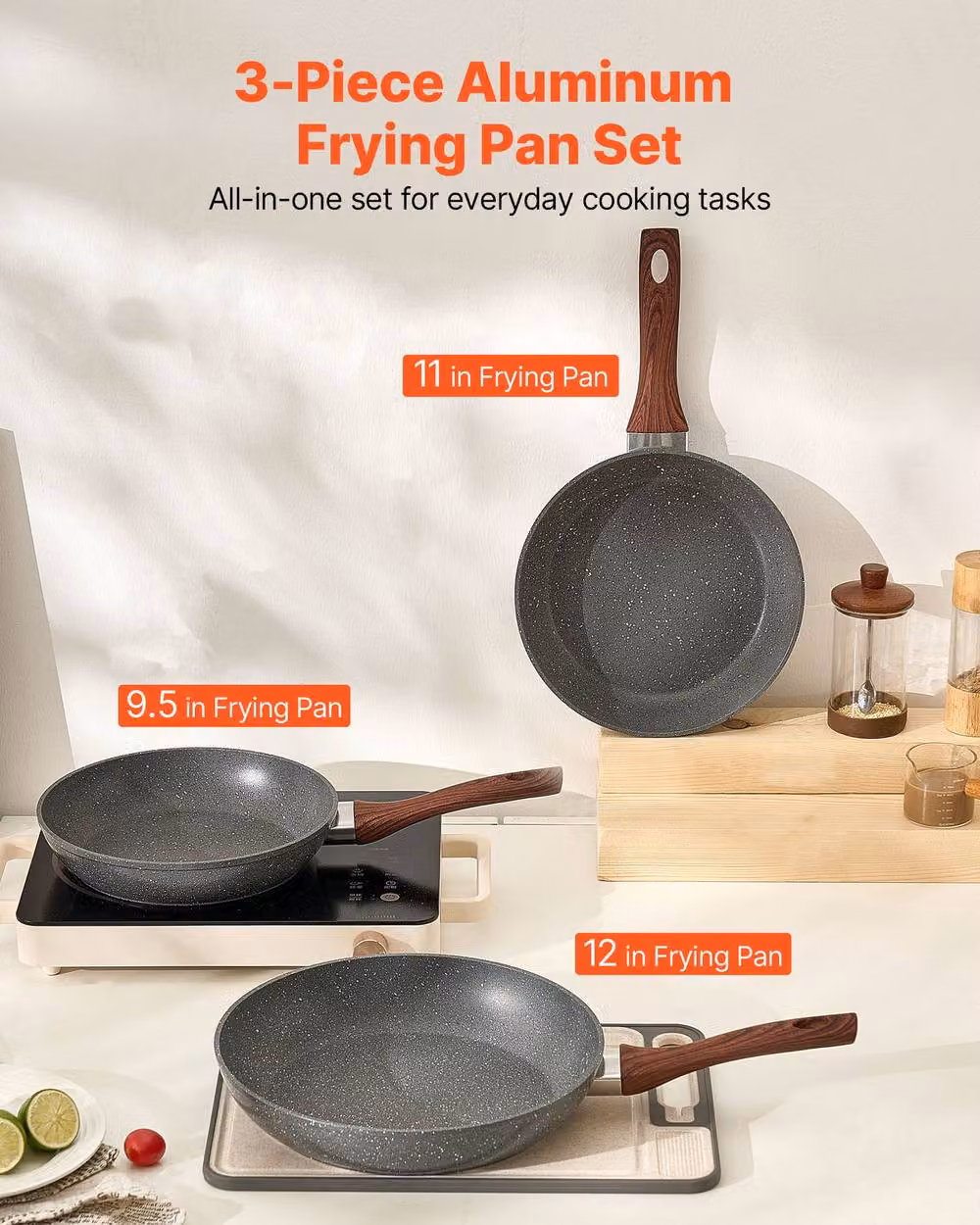 VEVOR 3 Piece Nonstick Aluminium Frying Pan Set in Grey – 2