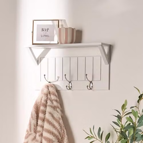 OHS White Wall Mounted Coat Rack with Shelf and Hooks