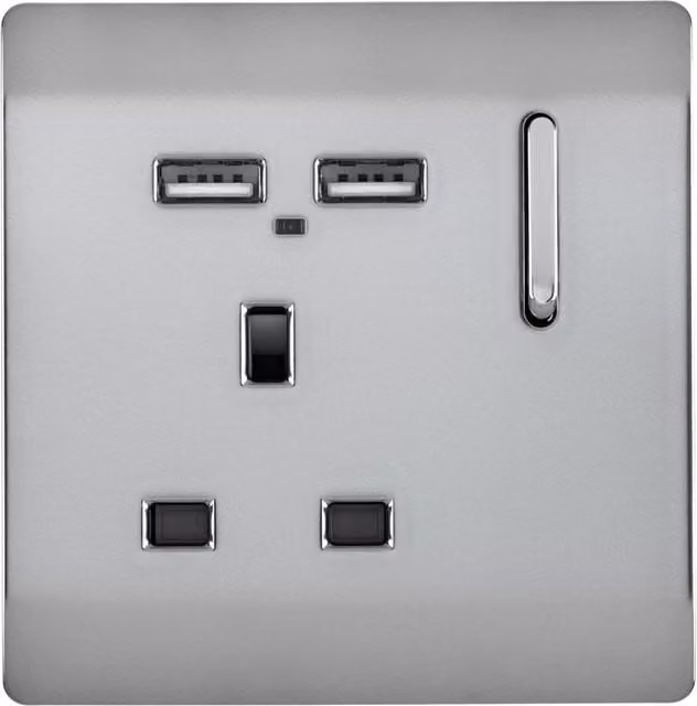 Trendi 1 Gang 13 Amp Flush Switched Socket with 2x2.1mA USB Ports in Silver/Grey