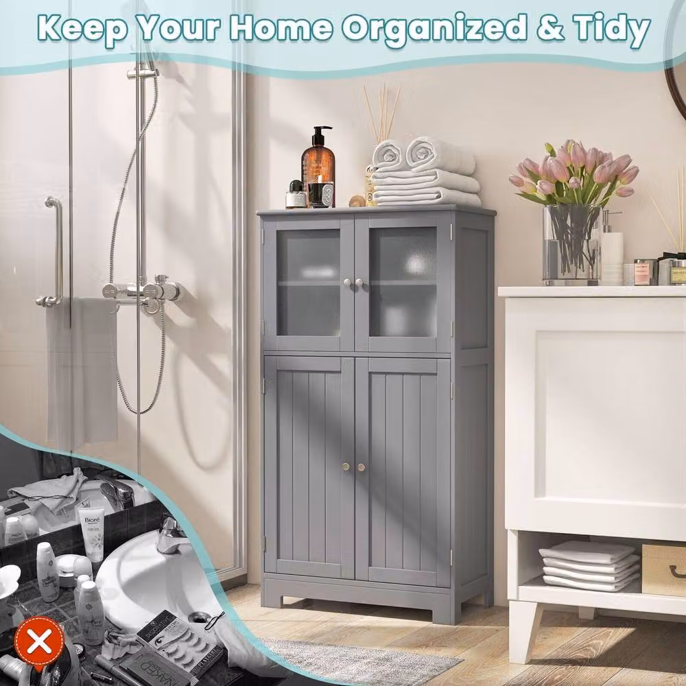 Costway Grey Freestanding Bathroom Floor Cabinet with 2 Tempered Glass Doors and Internal Shelves – 4