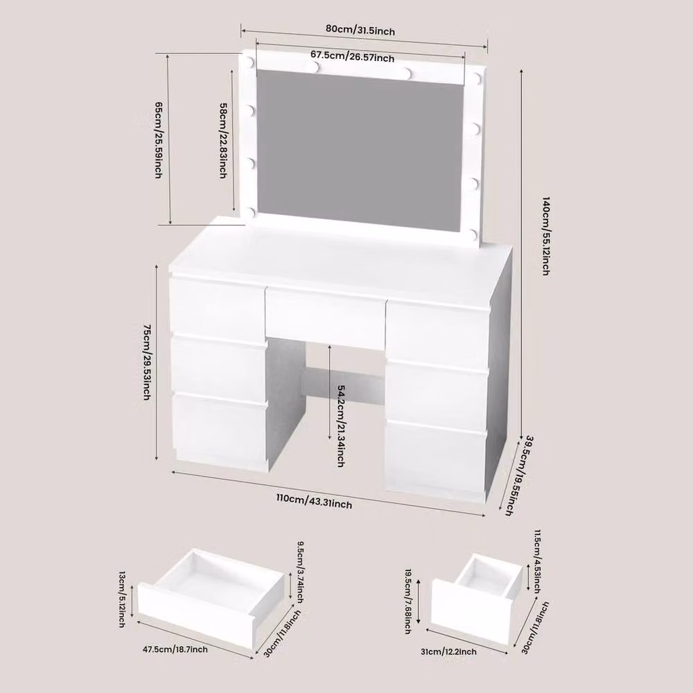 SPETLEK Modern White Hollywood LED Makeup Desk Dressing Table with Matt Wood Finish, W/D/H: 140 x 110 x 50 cm – 2