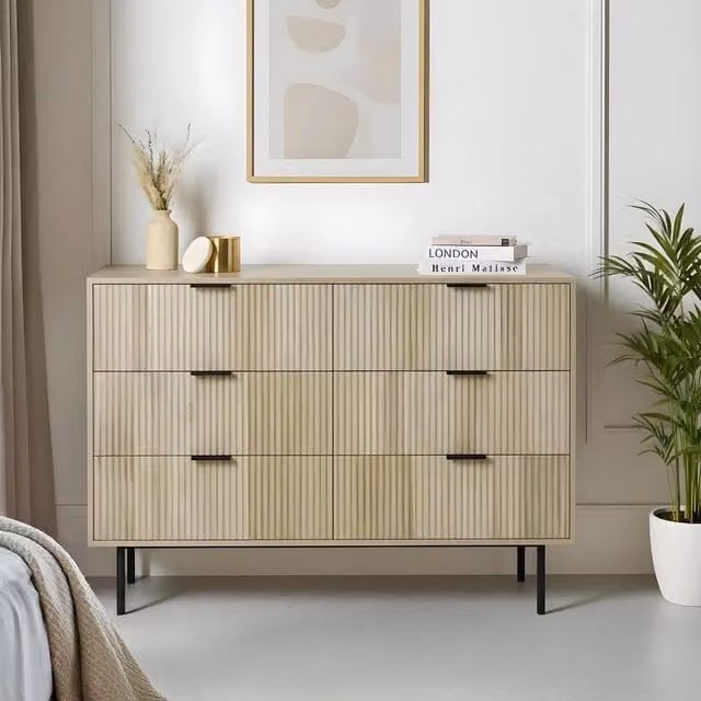 OHS Ribbed 6 Drawer Cabinet Chest of Drawers Sideboard in Light Oak – 1