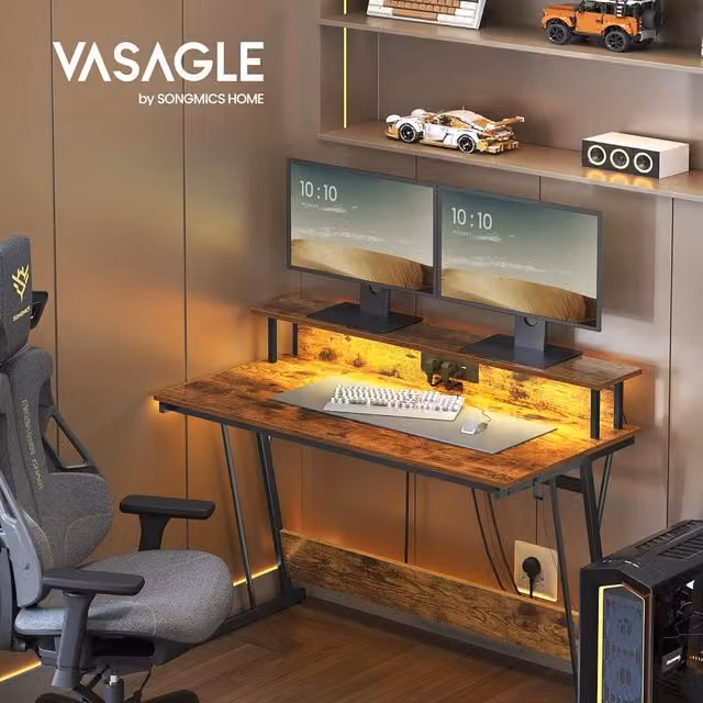 VASAGLE Rustic Brown Gaming Desk with LED Lights, W/D/H: 120 x 60 x 76 cm
