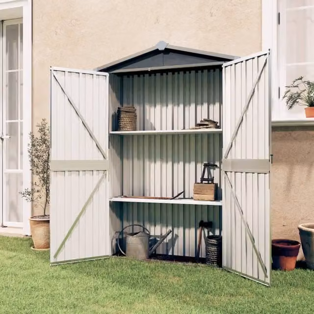 Berkfield Home Grey Galvanised Steel Pent Garden Shed Tall Cabinet with Double Doors and Shelving, W/D/H: 116 x 45 x 175 cm – 1