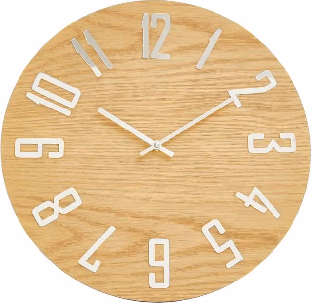 Orsina Minimalist Round Analog Wall Clock in Natural Wood Effect, Diameter: 40 cm