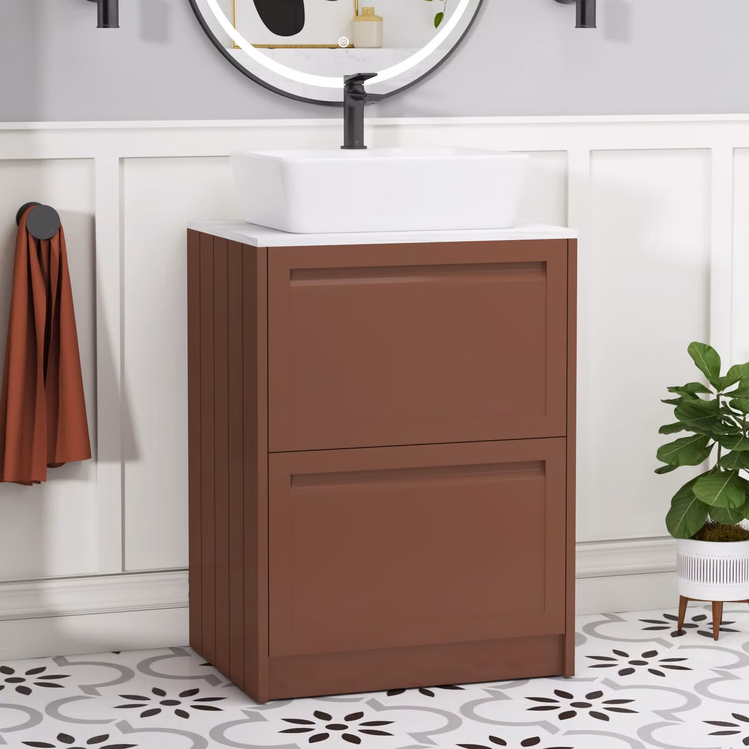 Royal Bathrooms Elmore 600mm Terracotta Clay Floor Standing Countertop Vanity Unit with 2 Drawers and Cube Basin