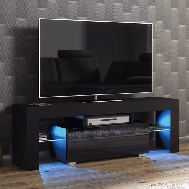 Mex Furniture LTD Floe TV Unit in Black with Glossy Doors and LED Lights, W: 130 cm, H: 45 cm, D: 35 cm