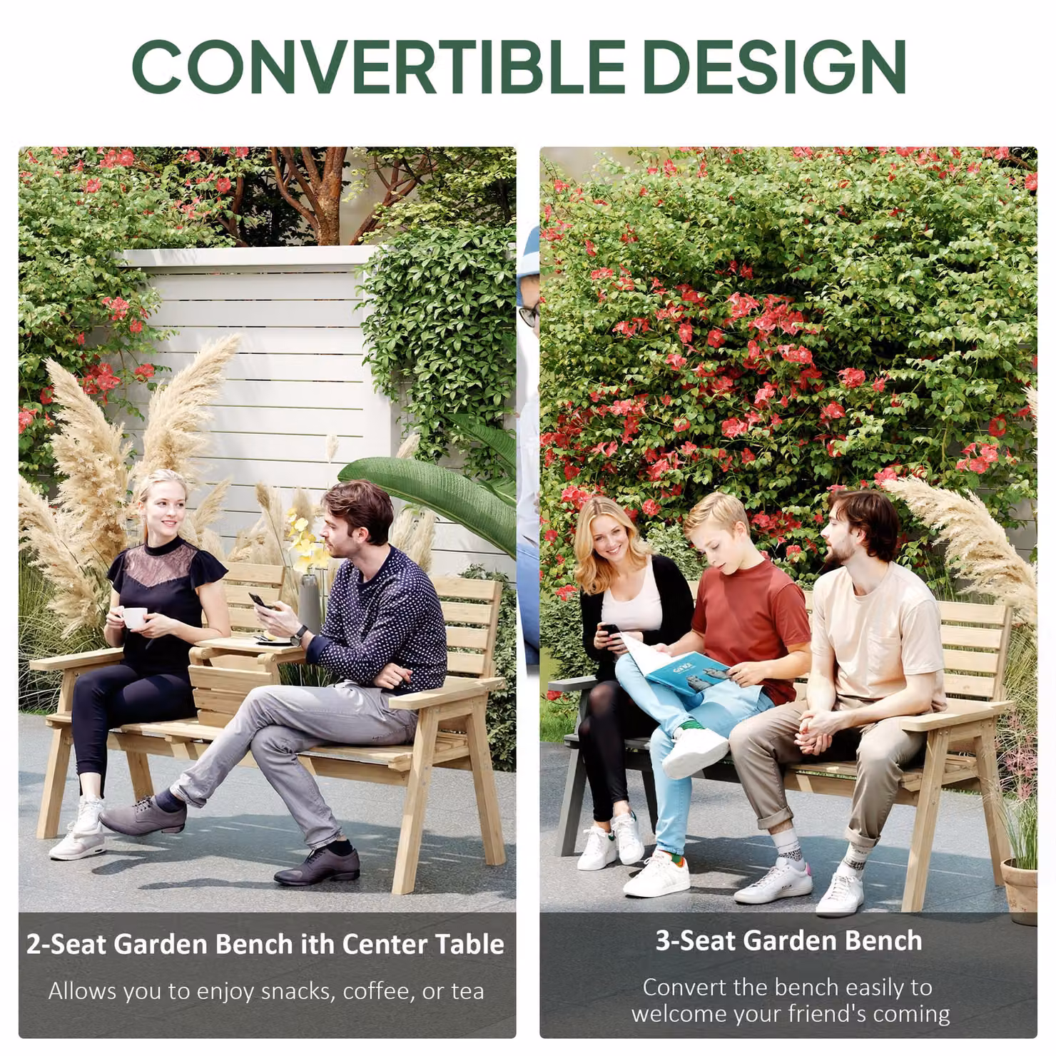 Outsunny Convertible 2 to 3 Seater Outdoor Garden Bench in Brown Rustic Treated Hardwood – 4