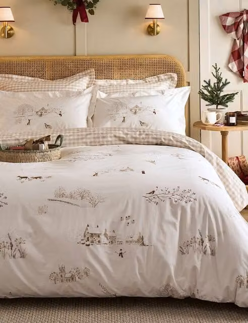 Sophie Allport Reversible Winter Scene Cotton Percale Bedding Set, Beige and White, 90 x 190 cm