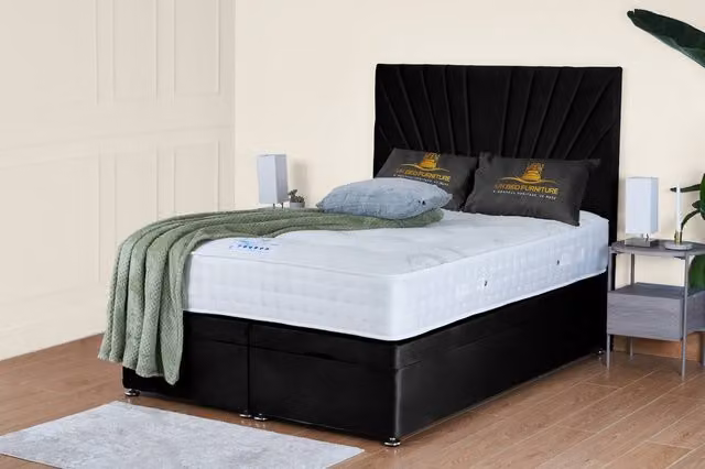 UK Bed Furniture Sunrise Double Ottoman Divan Bed with 54 Inch Headboard in Black Velvet Fabric, W/D/H: 140 x 200 cm