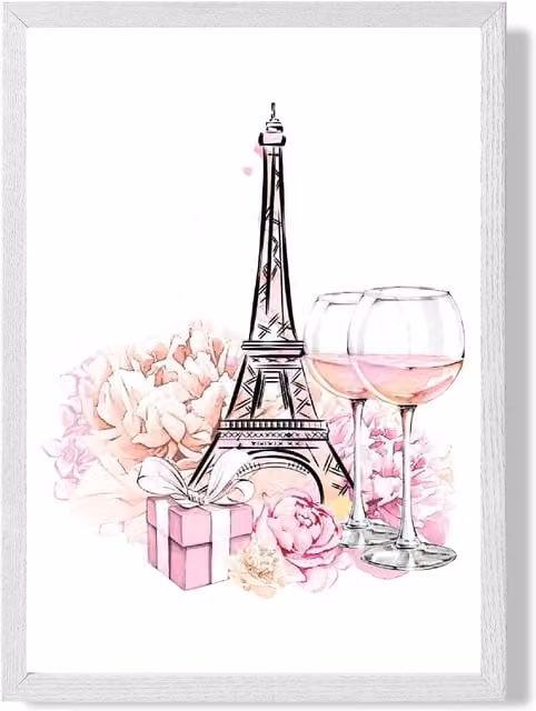 ARTZE Eiffel Tower and Peonies Fashion Illustration Framed Print, Pink and White, A2