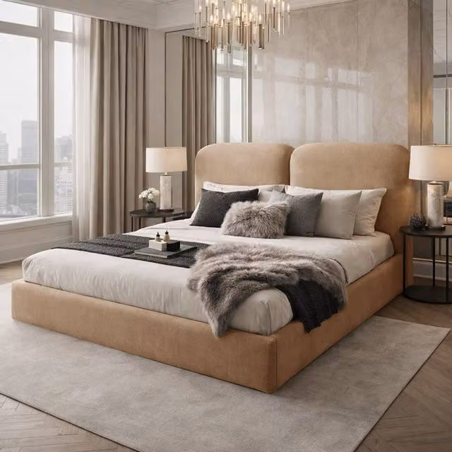 Desire Deco Alessia Upholstered Plush Velvet Bed Frame in Beige, King Size (180 x 200 cm) – 1