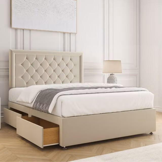 BSSPOKE Nova Plush Divan Bed Set with 24 inch Headboard, Mattress and 2 Drawers in Beige, W/D/H: 140 x 200 cm