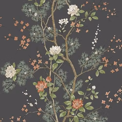 Belgravia Decor Bridget Delicate Floral Oriental Themed Matte Finish Wallpaper in Charcoal Grey and Anthracite