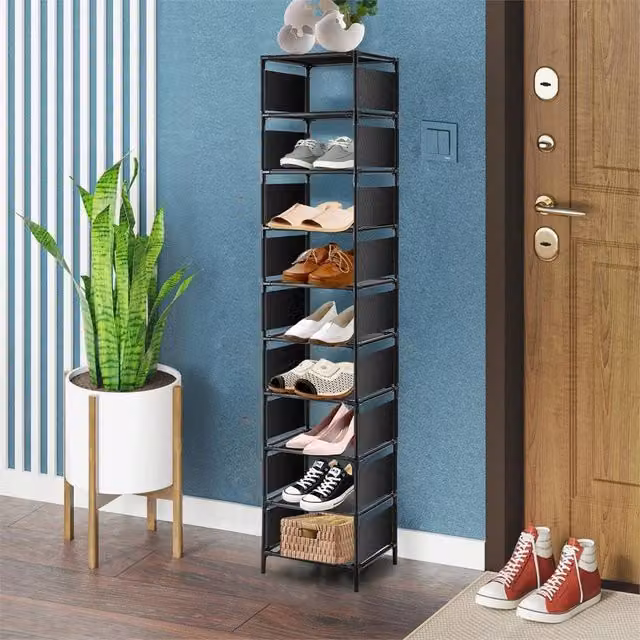SPETLEK 10 Tier Narrow Metal Shoe Rack Storage Organiser Cabinet Stand in Black – 1
