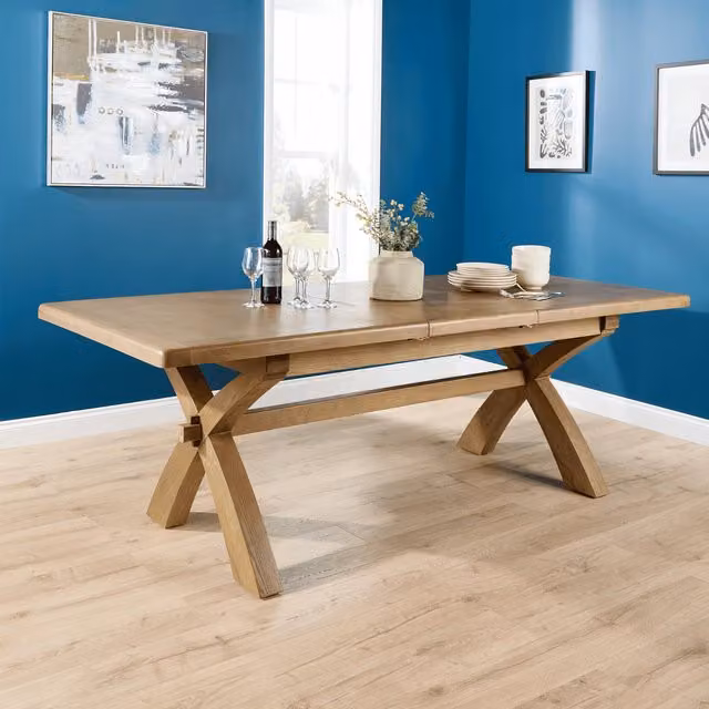 Home Source Bentley Extendable Oak and Oak Veneer Dining Table with X-Frame Base in Brown