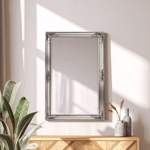 Orsina Rustic Vintage Silver Finish Rectangular Wall Mirror with Natural Wood Frame – 2