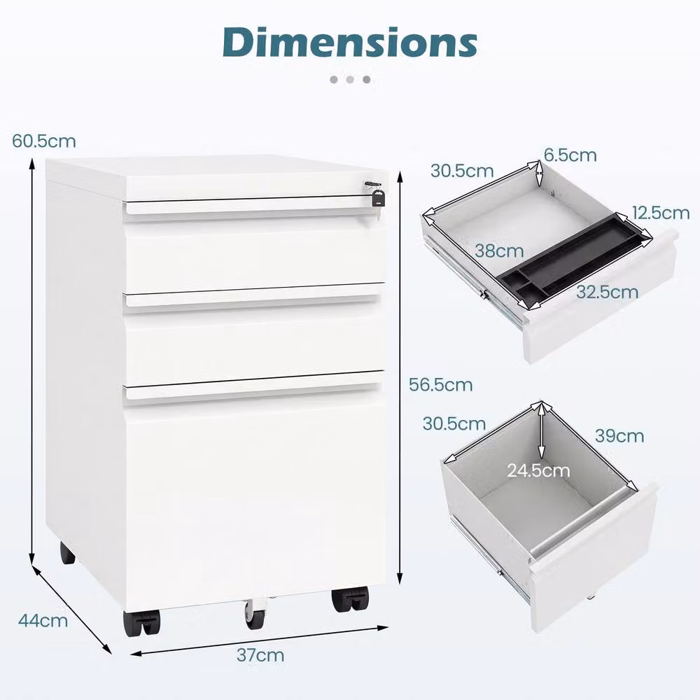 Costway 3-Drawer Mobile Metal Filing Cabinet with Castors and Lock in White – 2