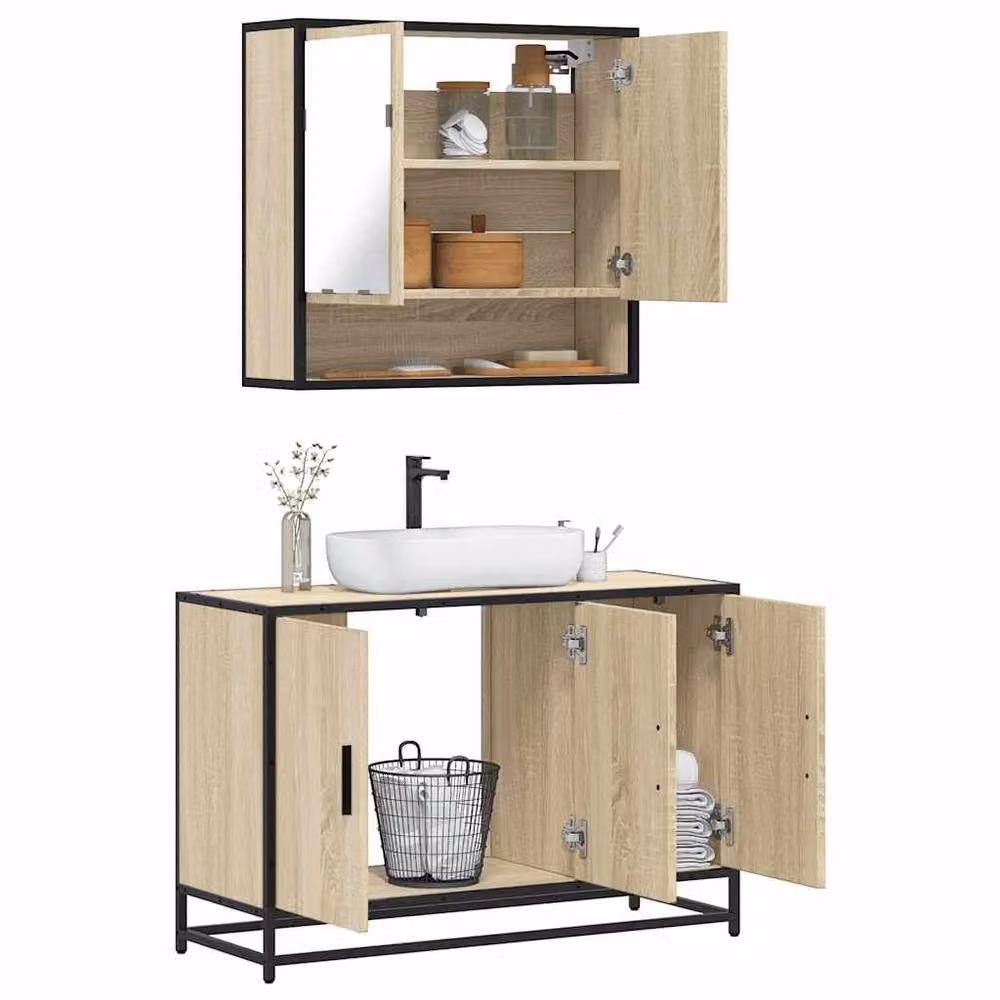 Berkfield Home 2 Piece Bathroom Furniture Set in Sonoma Oak and Light Brown, including Vanity Unit and Mirror Cabinet – 2
