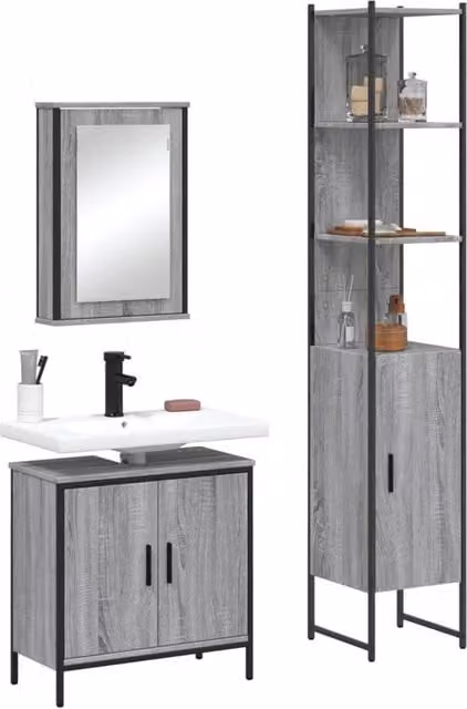 Berkfield Home 3 Piece Grey Matt Bathroom Furniture Set with Mirror Cabinet and Vanity Unit – 1