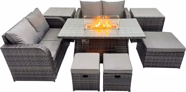 Fimous 7-Seater Gas Firepit Rattan Dining Set in Dark Grey with Sofas, 3 Stools and 2 Side Tables