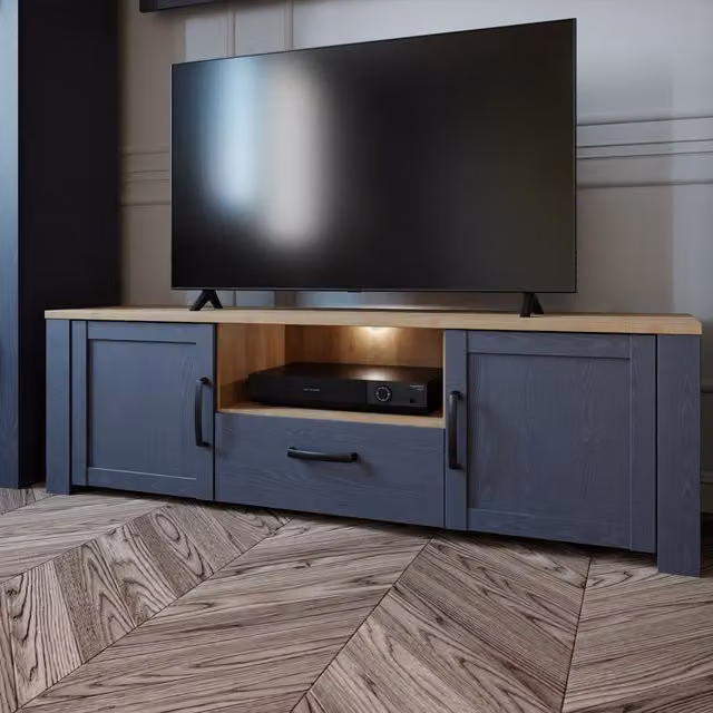 Furniture To Go Bohol Modern TV Unit with Integrated LED Light in Navy Riviera Oak