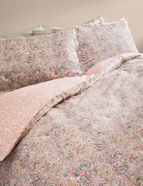 M&S Pure Cotton Woodblock Floral Bedding Set, Pink Mix, W: 140 cm, L: 200 cm