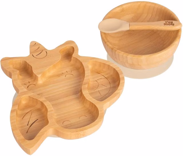 Tiny Dining Childrens Bamboo and Silicone Unicorn Dinner Set in Beige and Yellow