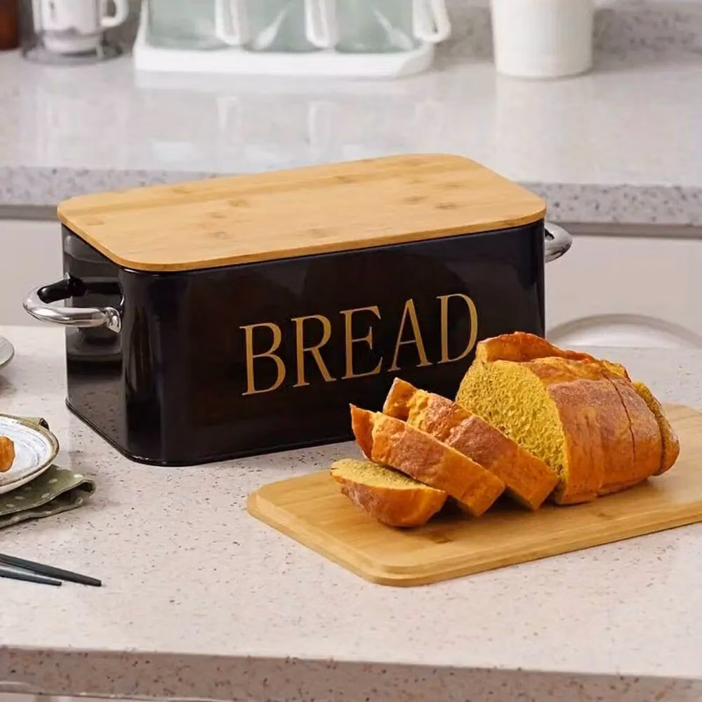 PAWNORA Black Metal Bread Bin with Bamboo Cutting Board Lid – 4