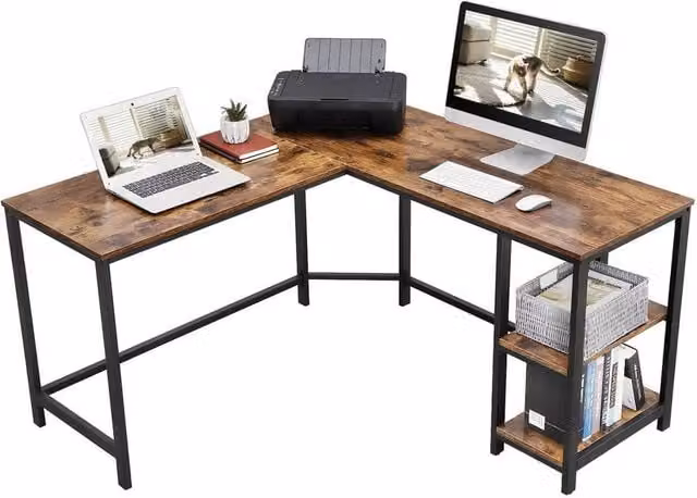 Kelvenix L-Shape Corner Office Desk in Brown with Grommet and Industrial Design