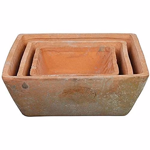 Esschert Design AT05 Aged Terracotta Square Planter Pots, Brown, Set of 3, W/D/H: 16 x 16 x 6-25 x 25 x 9 cm
