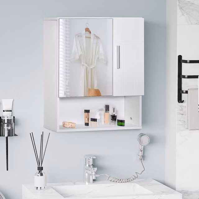 Kleankin White Wall Mounted Bathroom Mirror Cabinet with Soft Close Hinged Doors and Internal Shelves