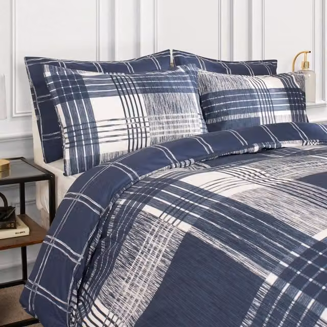 OHS Checked Blue Polycotton Duvet Cover Set, W: 140 cm, H: 200 cm