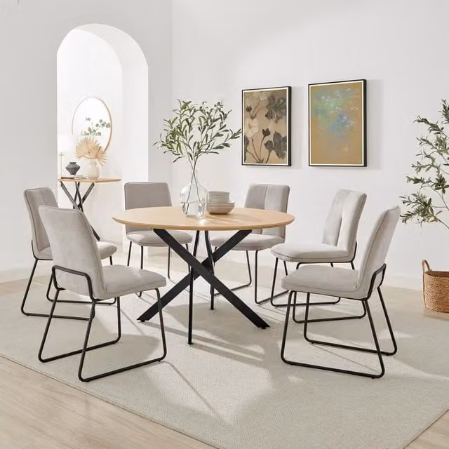 FurnitureboxUK Novara Oak Effect Round Dining Table and 6 Halleyy Taupe Fabric Chairs in Beige – 1