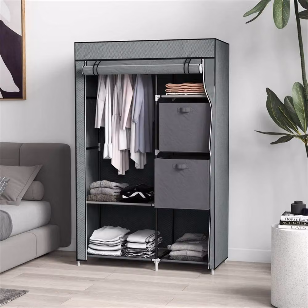 EONLION Grey Fabric Portable Wardrobe with Roll Shutter and Integrated Drawers, W: 100 cm – 4