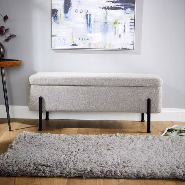 Home Source Oasis Rectangular Ottoman in Grey Boucle Fabric with Black Metal Legs
