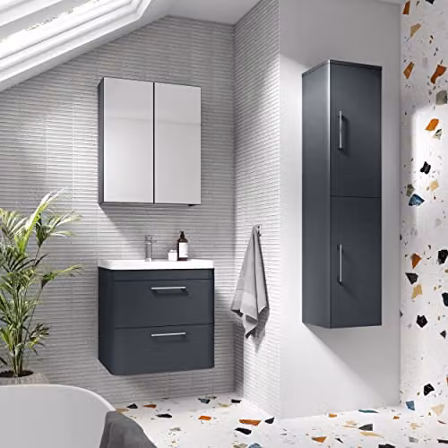 nuie Parade Modern Wall Hung 2 Drawer Bathroom Vanity Basin Cabinet with Polymarble Basin, Satin Anthracite, W: 79.6 cm, D: 44.5 cm, H: 50.12 cm – 2