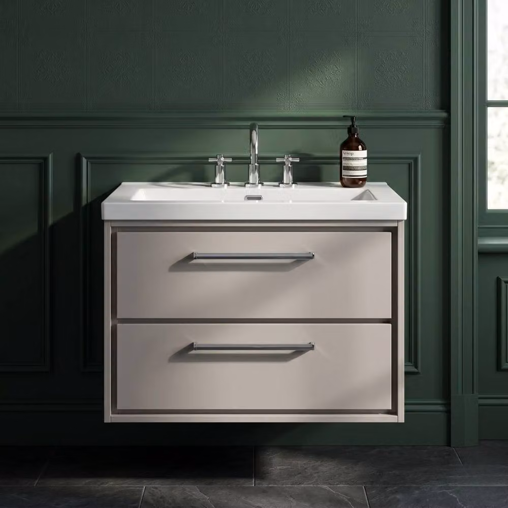 Balterley Wall Hung 2-Drawer Bathroom Vanity with Fireclay Basin, Grey, W: 80 cm, D: 58.4 cm – 3