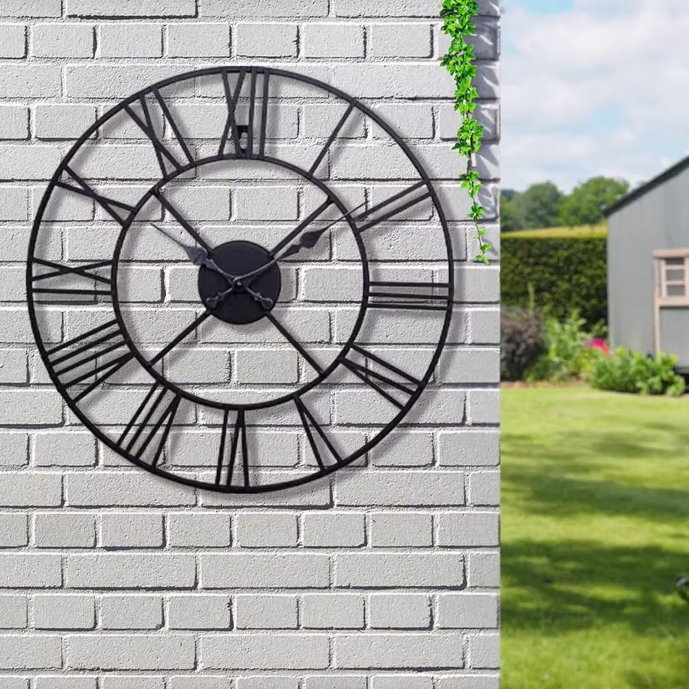 BARGAINS-GALORE Black Vintage Metal Silent Roman Numeral Wall Clock for Indoor and Outdoor Use, Diameter: 60 cm – 2