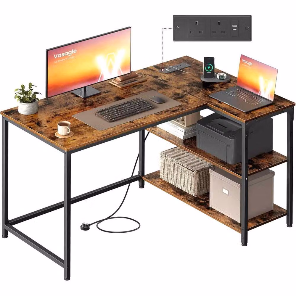 The Bazaarist L Shaped Gaming Desk with Power Outlets in Brown – 2