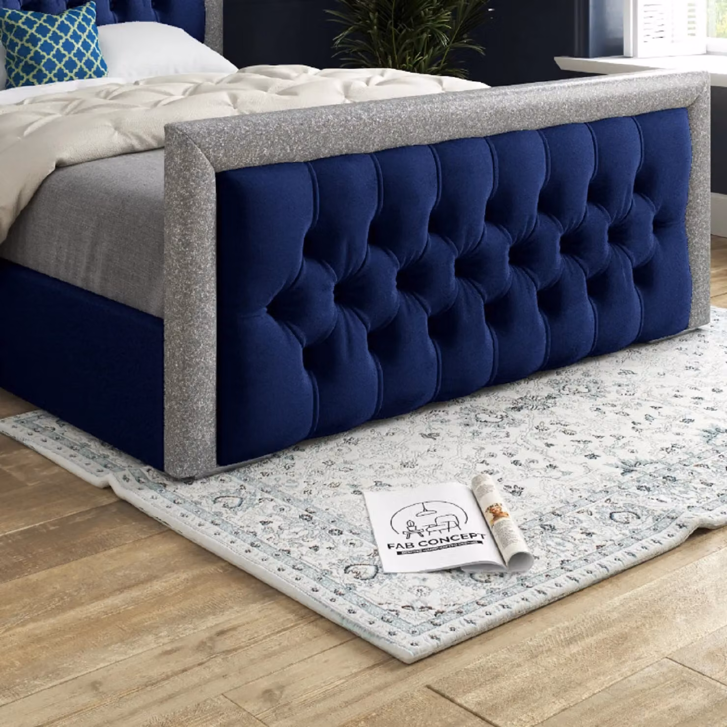 KDMD Venice Glitter Border Upholstered Soft Velvet Bed Frame in Blue, W/D/H: 90 x 200 x 137 cm – 3