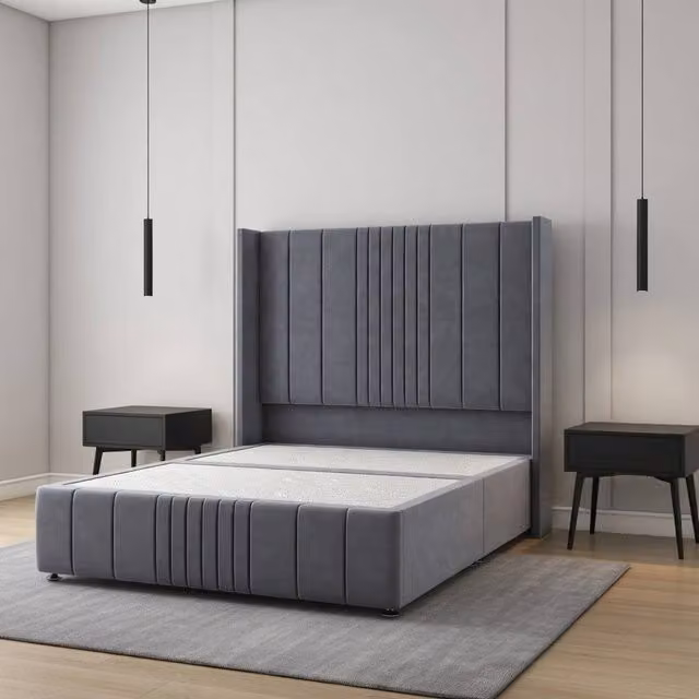 Regional Furnishings Super King Upholstered Velvet Divan Bed in Grey, W/D/H: 200 x 200 cm