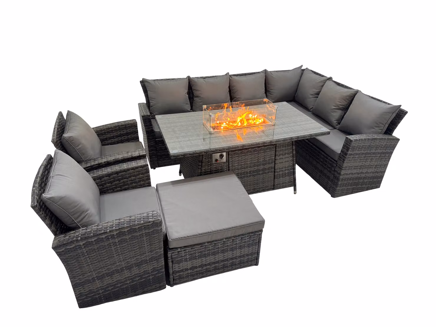 Fimous Rattan L-Shape Corner Sofa Set with Gas Fire Pit Table and Ottoman in Dark Grey – 2