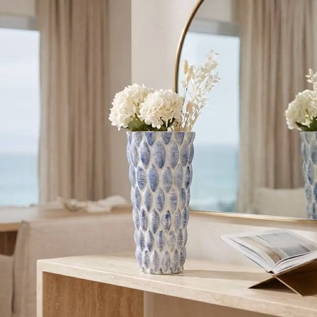 Madison & Mayfair Blue and White Geometric Ceramic Tabletop Vase, H 17.0 cm x W 17.0 cm x D 17.0 cm – 1