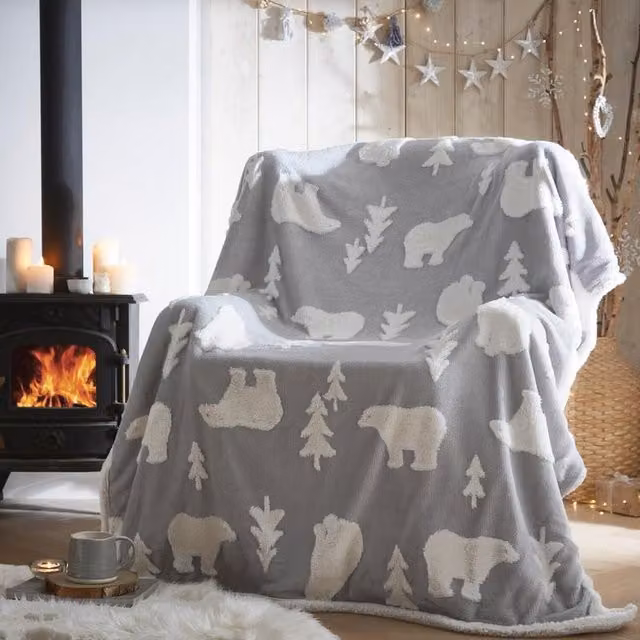 Porfolio Living Polar Bear Sherpa Fleece Throw, Grey and White, W/D/H: 130 x 170 cm