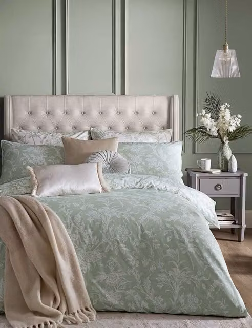 Laura Ashley Lloyd Reversible Floral Pure Cotton Duvet Cover Set, Light Green, W: 180 cm, L: 200 cm