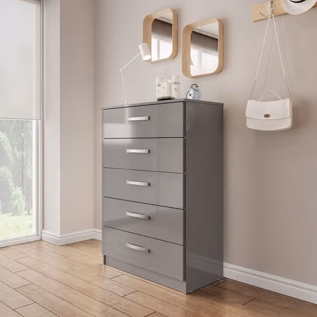 Birlea Modern Glossy Grey and Silver 5 Drawer Chest