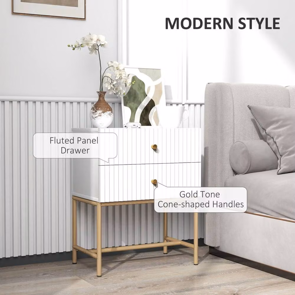 Wyld Haus Lelu Rata White and Gold Ribbed 2 Drawer Bedside Table – 3
